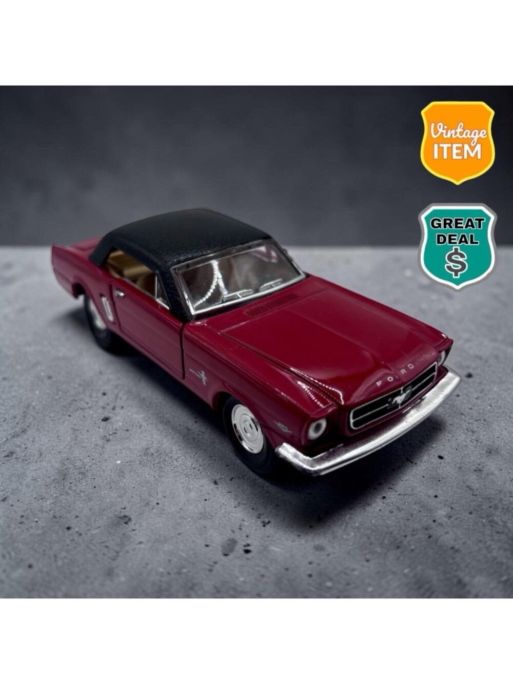 Vintage Superior 1965 Ford Mustang Diecast, Red and Black Pull Back Muscle Car.
